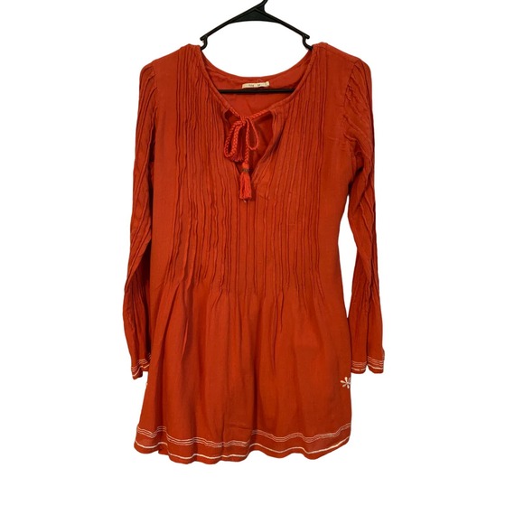 Tularosa Boho Pleated Embroidered Burnt Orange XS Womens Long Sleeve Lined Dress - Picture 1 of 9